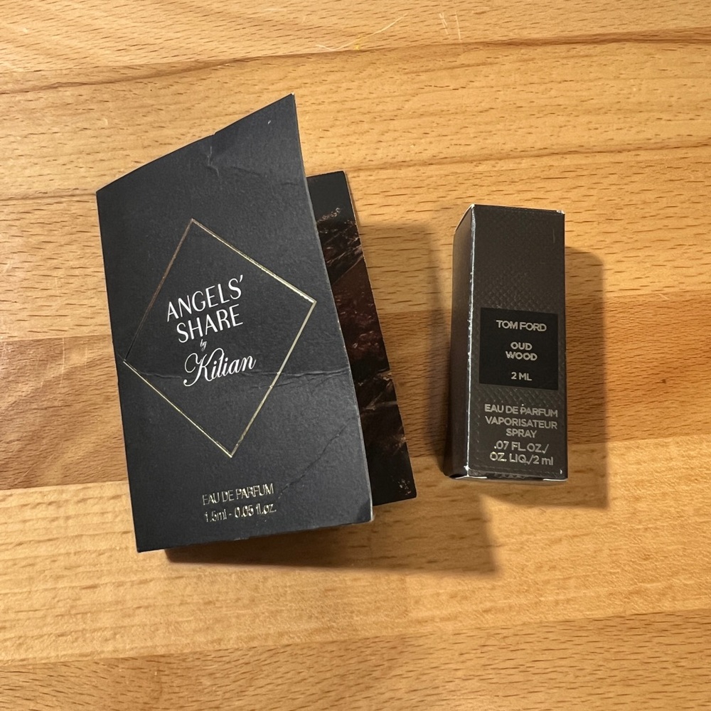 Angels’ Share (1.5mL) and Oud Wood (2mL), sprayed once each